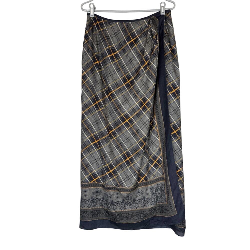 Vintage 90s Silk Wool Blend Plaid Wrap Skirt Womens 12 Dark Academia Preppy